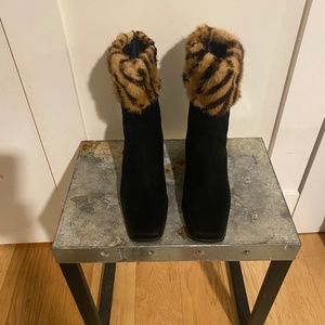 Stuart Weitzman Black Suede and Fur Trimmed Ankle Boot
